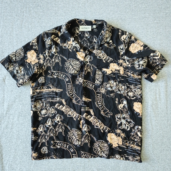 Carhartt WIP Shirt Womens XS Black Beige Aruba Hula Print Button Up Viscose - Picture 1 of 5
